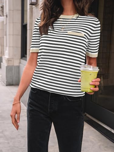 LILLUSORY Womens Spring Short Sleeve Sweater Shirts Tops Summer 2026 Cute Business Dressy Casual Teacher Trendy Outfits Clothes Blouse Work School Vacation Fashion Cotton Striped Apricot Black M