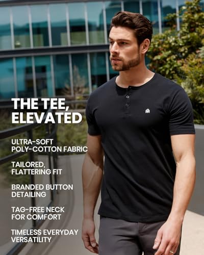 INTO THE AM Premium 3 Pack Henley Shirts for Men - Casual Short Sleeve Modern Slim Fit Logo T-Shirt Multipack Tee - Branded (Black/Black/Black, XX-Large)