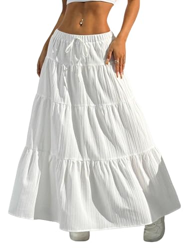 Verdusa Women's Long Maxi Skirt 2026 Boho Flowy Flared Ruffle Skirts Beach Vacation Spring Going Out Outfits White Medium
