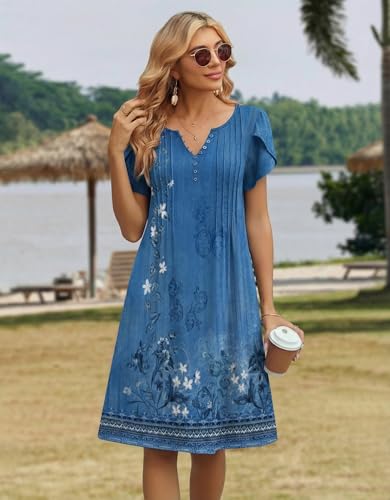 Zeagoo Spring Dresses for Women 2026 Womens Hawaiian Dresses Casual A Line Dress with Pockets Summer Bohemian Knee Length Loose Sundress Blue-PrintedL