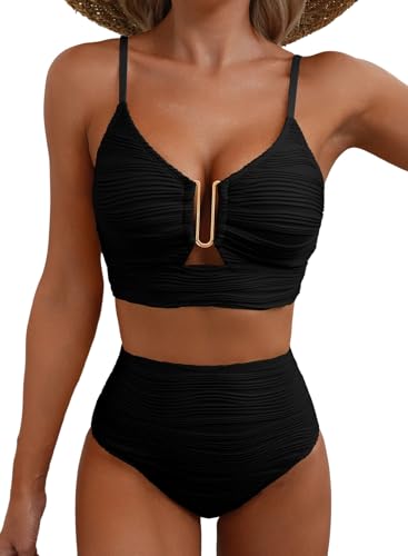 Herseas Women Popular Swimsuits Two Piece U-Wired Push up Ribbed Ruched High Rise Bikini Sets Longline Modest Solid Flattering Swim Suit Cruise Essentials 2026 Summer Black Large
