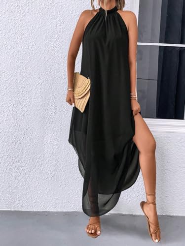 Verdusa Women's Wedding Guest Dress Halter Flowy Chiffon Asymmetrical Long Summer Prom Dress Black Medium