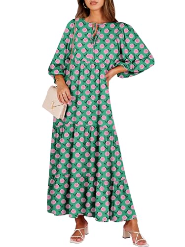ANRABESS Womens Boho Maxi Dresses 2026 Summer V Neck Puff Sleeve Floral Flowy Swing Fall Casual Long Dress Green Small