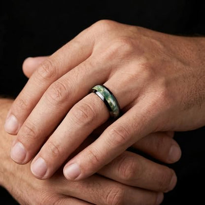 QHQPQ Natural Moss Agate Wedding Rings 925 Sterling Silver Engagement Ring for Men 10K Gold Moss Agate Promise Ring Anniversary Christmas Jewelry Gifts