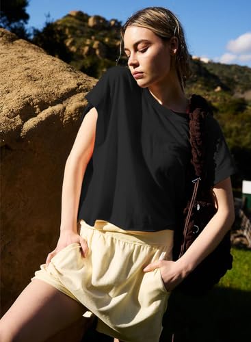 Kumufenc Women Short Sleeve Workout Shirts Open Back Tops Casual Yoga Y2k Athletic Gym Slouchy Crop Running Tees(Black,M)