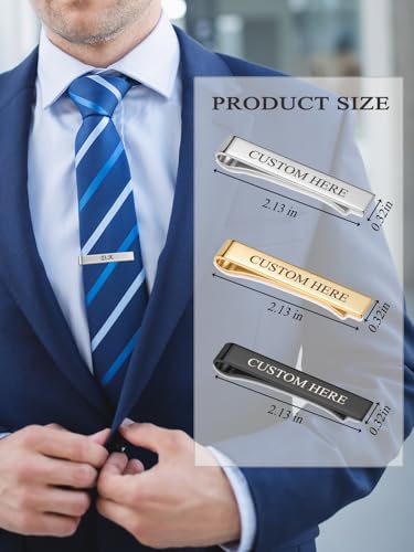 Zysta Free Engraving - Personalized Custom Mens High Polished Stainless Steel Tie Bar Pinch Clip for Regular Ties 2.12 Inch, Silver, Black, Gold + Gift Box