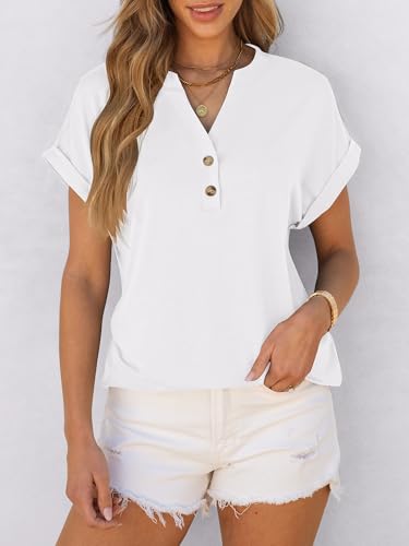 ANRABESS Womens Short Sleeve Henley Tops V Neck Dressy Casual Blouses Summer Trendy Tee Shirts 2026 Vacation Fashion Clothes White M
