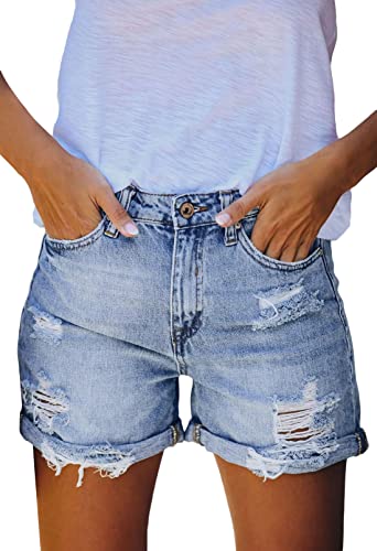 Pink Queen Ripped Jean Shorts for Women Spring Mid Waist Stretchy Denim Hot Shorts Distressed Rolled Hem Frayed Short Jeans with Pockets Blue L