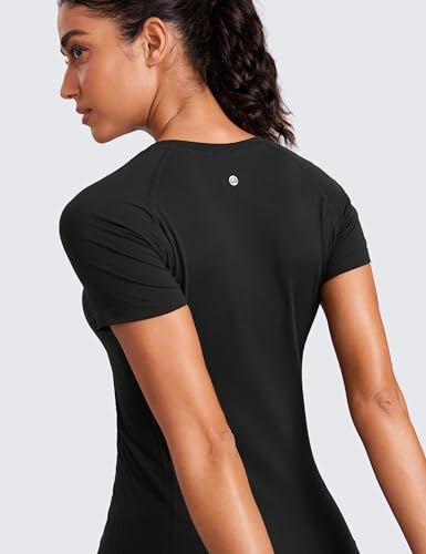 CRZ YOGA Seamless Workout Tops for Women Hip Length - Athletic Running Gym Yoga Short Sleeve Shirts Breathable Crewneck Tees Black Small