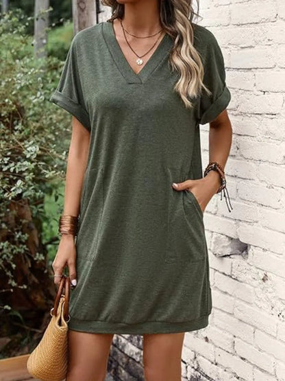 V-Neck Short Sleeve Mini Tee Dress Army Green