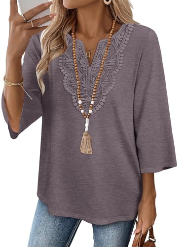 WIHOLL 3/4 Length Sleeve Womens Tops for Women Trendy Plus Size Womens Clothing V Neck T Shirts for Women Blouses Spring Top for Women 2026 Beach Vacation Clothes Lace Cute Tops Purple 2XL