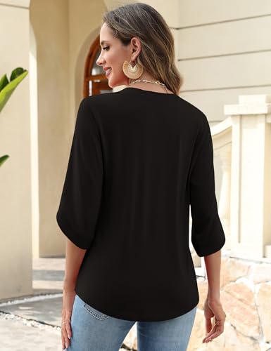 Kistore Blouses for Women Dressy Casual 3/4 Sleeve Dress Shirts Spring V Neck Office Going Out Wear Tops Black M