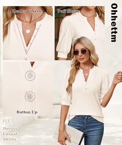 Ohhettm Summer Tops for Women 2026 Trendy Dressy Casual Blouse Puff Short Sleeve Shirts Knit Henley V Neck T Shirt Tunic White XL