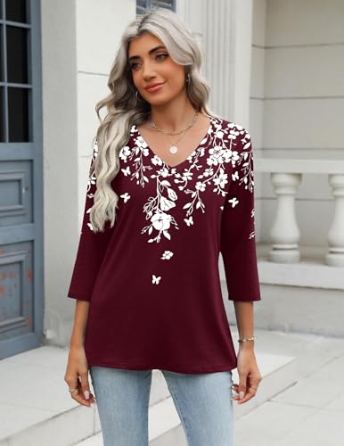 Zeagoo Womens Blouses Dressy Casual 3/4 Length Sleeve Ladies Tops Boho Floral Tshirts Soft Blouses for Women Plus Size
