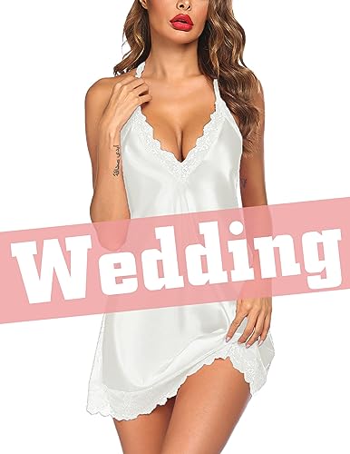 Avidlove Women Lingerie Satin Lace Chemise Nightgown Sexy Full Slips Sleepwear S4XL 1white
