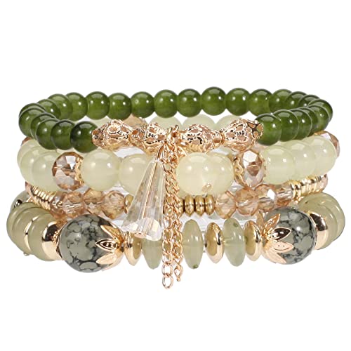 Caiyao 4Pcs Bohemia Multilayer Stackable Beaded Bracelets Set Colorful Crystal Stone Gold Beaded Stretch Bracelets Hawaii Charm Bracelet for Women Men Summer Beach Boho Vacation Jewelry Gifts-Green