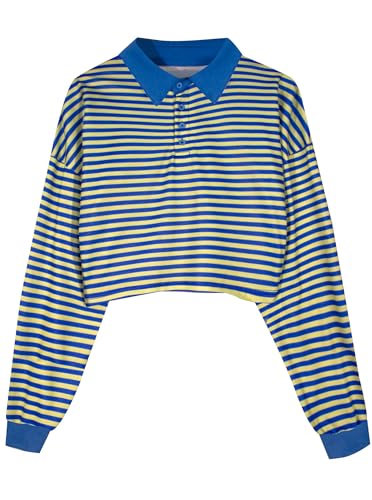 Natalie Winters Dress - Remidoo Women's Collared Half Button Long Sleeve Striped Crop Top Sweatshirt Large Yellow Blue
