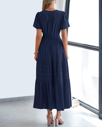 BTFBM Womens Summer 2026 Casual Midi Maxi Dresses Lightweight Short Sleeve V Neck Elastic Waist Boho Beach Dress Pockets(Navy, Medium)