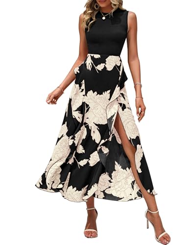 BTFBM Summer Dresses for Women 2026 Casual Spring Floral Sleeveless Ruffle Boho Cocktail Wedding Guest Party Midi Dress(White Floral Black, Medium)