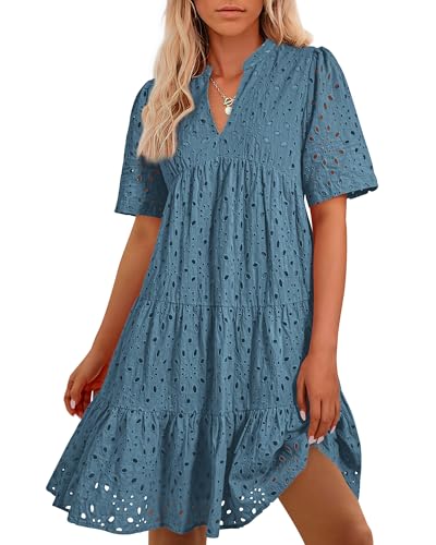 BTFBM Womens Boho Summer Dresses 2026 Spring V Neck Short Sleeve Hollow Out Lace Ruffle Casual Beach Mini Vacation Dress(Grey Blue, Large)