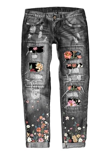 American Flag Pants - Astylish Womens Plaid Patch Ripped Boyfriend Distressed Stretch Skinny Denim Jeans with Hole G11 Cblack