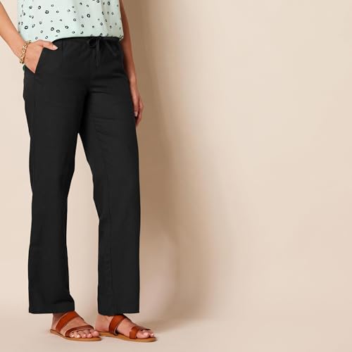 Amazon Essentials Women's Pull On Linen Blend Drawstring Relaxed Fit Wide Leg Pant, Black, Medium
