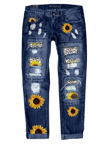 American Flag Pants - Astylish Womens Plaid Patch Ripped Boyfriend Distressed Stretch Skinny Denim Jeans with Hole A02 Blue