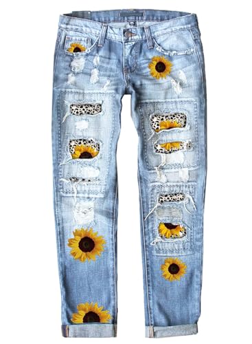 American Flag Pants - Astylish Womens Plaid Patch Ripped Boyfriend Distressed Stretch Skinny Denim Jeans with Hole A02 Sky Blue