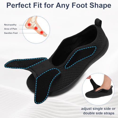 Scurtain Mens Walking Shoes Wide Width Diabetic Shoes for Men Elderly Seniors Adjustable Swollen Feet Neuropathy Orthopedic Edema Shoes Breathable Indoor Outdoor Slippers Size 13 Black