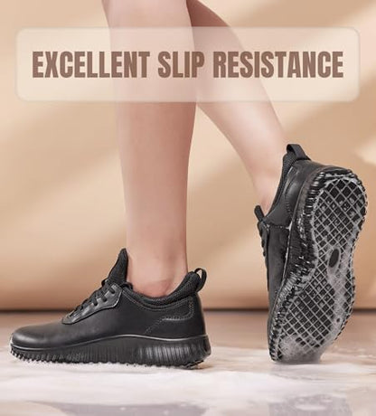 SHULOOK Non Slip Work Shoes for Women Food Service Water Resistant Sneakers Waterproof Kitchen Chef Restaurant Lace Up Walking Lightweight Comfortable Nursing Working Footwear Black Size 7.5