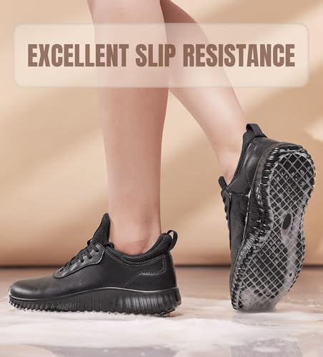 SHULOOK Non Slip Work Shoes for Women Food Service Water Resistant Sneakers Waterproof Kitchen Chef Restaurant Lace Up Walking Lightweight Comfortable Nursing Working Footwear Black Size 7.5