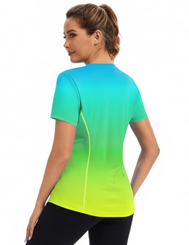 Avoogue Women's Activewear Short Sleeve UV Shirts Moisture Wicking Loose Workout Running Gym Tops Outfits Rashguard(Blue Gradient Yellow,L)