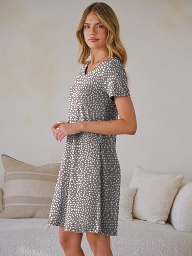 ANRABESS Women's Summer T Shirt Dress Casual V Neck Short Sleeve Floral Boho Flowy Mini Dresses 2026 Beach Vacation Clothes Light Brown White Spots Large