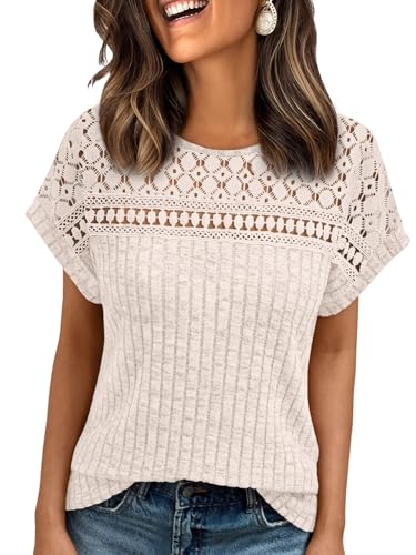 AUTOMET Womens Lace Short Sleeves Shirts Crochet Spring Loose Tops Dressy Business Casual Blouses Summer Fshion Tunics Apricot L