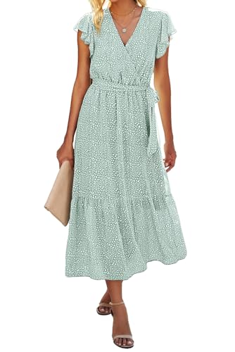 BTFBM Women Summer Bohemian Floral Casual Wrap V Neck Ruffle Cap Sleeveless Belt A-Line Pleated Hem Midi Sun Dress White