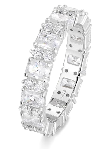 Wyyxl Emerald Cut Moissanite Ring Sterling Silver White Gold Plated 3 Carat Full Diamond Eternity Band Stackable Finger Jewelry Size 4 Pinky Baguette Ring