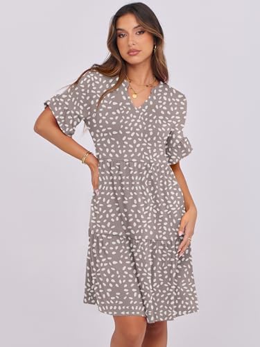 ANRABESS Women's Summer Casual Dress, V-Neck Ruffle Sleeve Tiered Mini Dress, Soft Comfy Fabric with Pockets for All-Day Wear Khaki Polka Dot Large