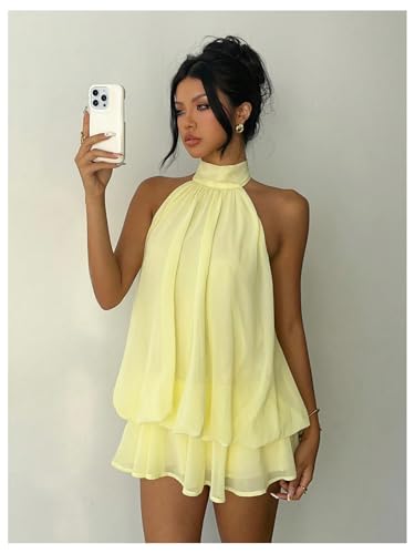 Verdusa Women's Chiffon Halter Drop Waist Wedding Guest Dresses Ruffle Summer Mini Dress Brunch Outfits Butter Yellow Large