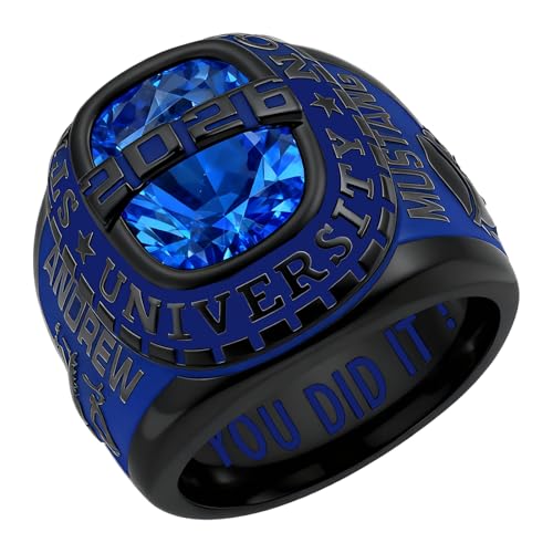 Lypic Personalized Class Ring for Men 925 Silver Sterling Black High School Rings with Birthstone Customized Graduation Ring for Men (Black, Fluted Blue) 02