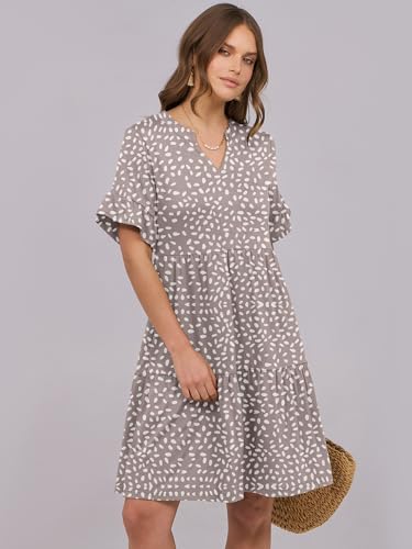 ANRABESS Women's Summer Casual Dress, V-Neck Ruffle Sleeve Tiered Mini Dress, Soft Comfy Fabric with Pockets for All-Day Wear Khaki Polka Dot Large