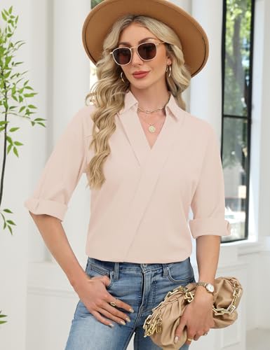 LOMON 3/4 Length Sleeve Womens Tops Dressy Casual Blouses V Neck Collared Shirts Summer Trendy Office Outfits 2026 (Apricot,XL)