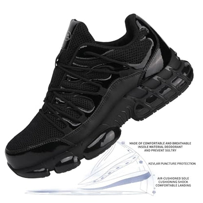 LIANGGO Steel Toe Shoes for Men Women Composite Toe Safety Work Non Slip Industrial Air Cushion Tennis Sneakers Black 38.5