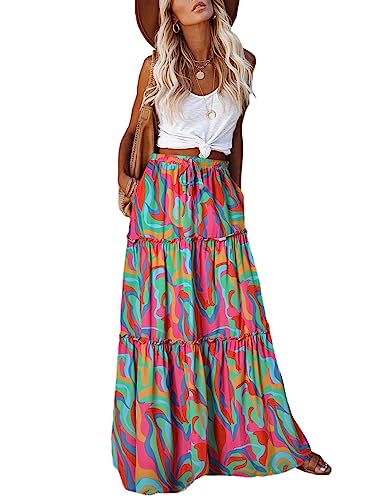 Trendy Lightweight Drawstring Tiered Ruffles Paisley Hippie Plus Size Bohemian Long Maxi Skirt with Deep Pockets Office Music Festival Travel Picnic Dating Fall Outfits Multicolor Abstract Wave M