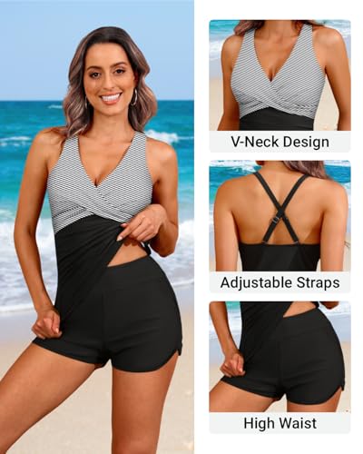 Women Black Stripe Tankini Swimsuits with Shorts - Two Piece Tummy Control Bathing Suits Top with Two Pockets Bottom Swimwear L