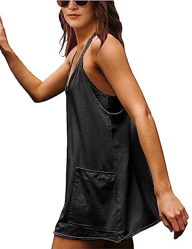 Zhiyouni Women's Summer Sleeveless Mini Dress V Neck Spaghetti Straps Athletic Built-in Shorts Sundress(Black-XS)