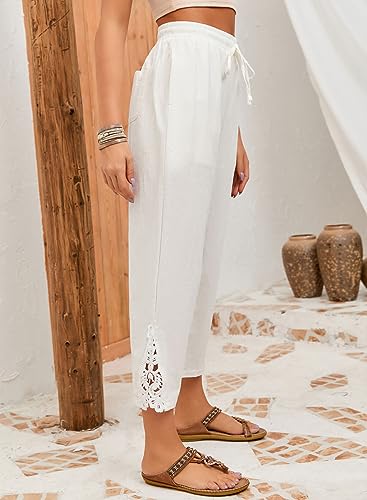 Acelitt Women's Casual Linen Pants Lightweight Drawstring Elastic Waist Spring Trendy Fashion 2026 Cropped Pants Trousers White XL