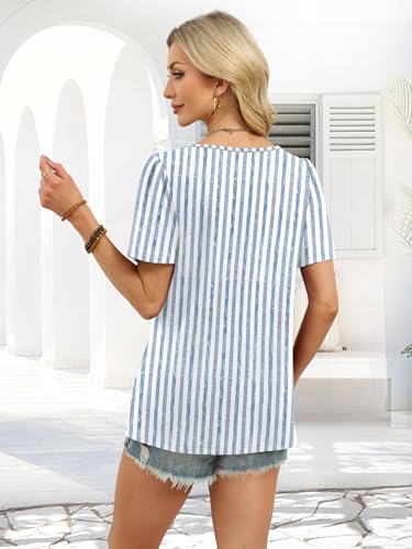 WIHOLL Womens Tops Summer Easter Outfits Spring Fashion Clothing Short Sleeve Shirts 2026 Trendy Dressy Casual Cruise Travel Essentials Vacation Blouses Blue Stripes L