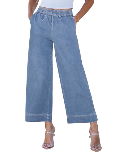 luvamia 26 Inch Inseam Womens Wide Leg Jeans Denim Pants for Women Denim Elastic Waist Pants for Women Cody Blue Medium Fits Size 8 / Size 10