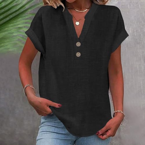 Premium Brand Deals Spring Break Clothes Linen Shirt for Women 2025 Summer Button Down Short Sleeve V Neck Tops Solid Color Comfy Blouses Casual Dressy Tunic Tshirt Black
