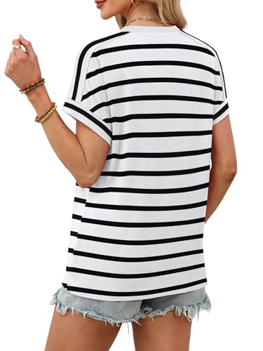 WIHOLL Womens Tops Summer Outfits Spring Clothes Short Sleeve Tshirts Shirts 2026 Fashion Business Casual Lightweight Blouses Black & White Stripes XL
